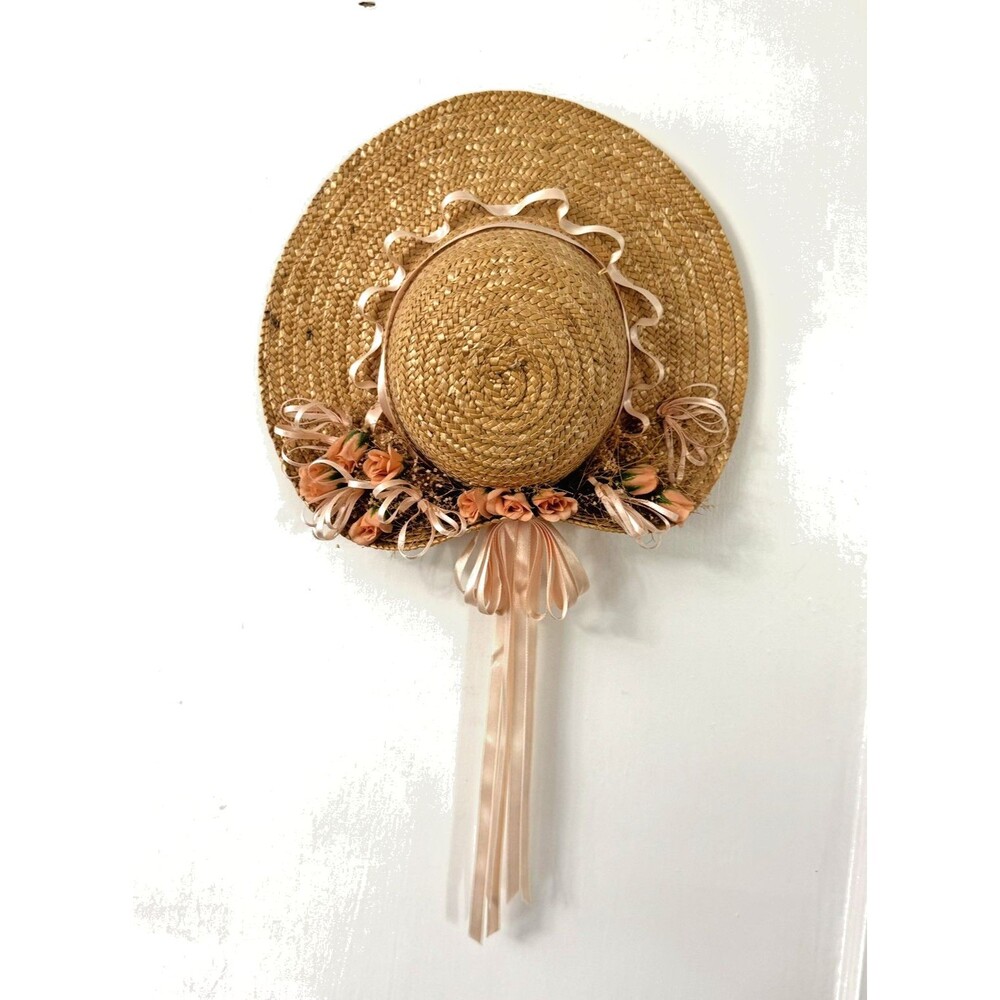 Straw Hat with Peach Flowers, Ribbons Grannycore Cottagecore Wall Decor - Picture 3 of 10